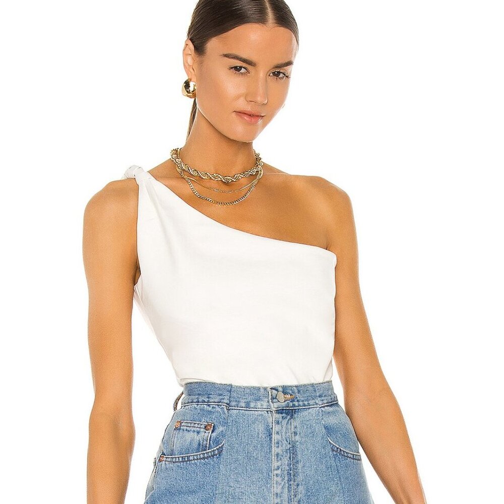 The Bar Owen Top White One Shoulder Vegan Leather Size S